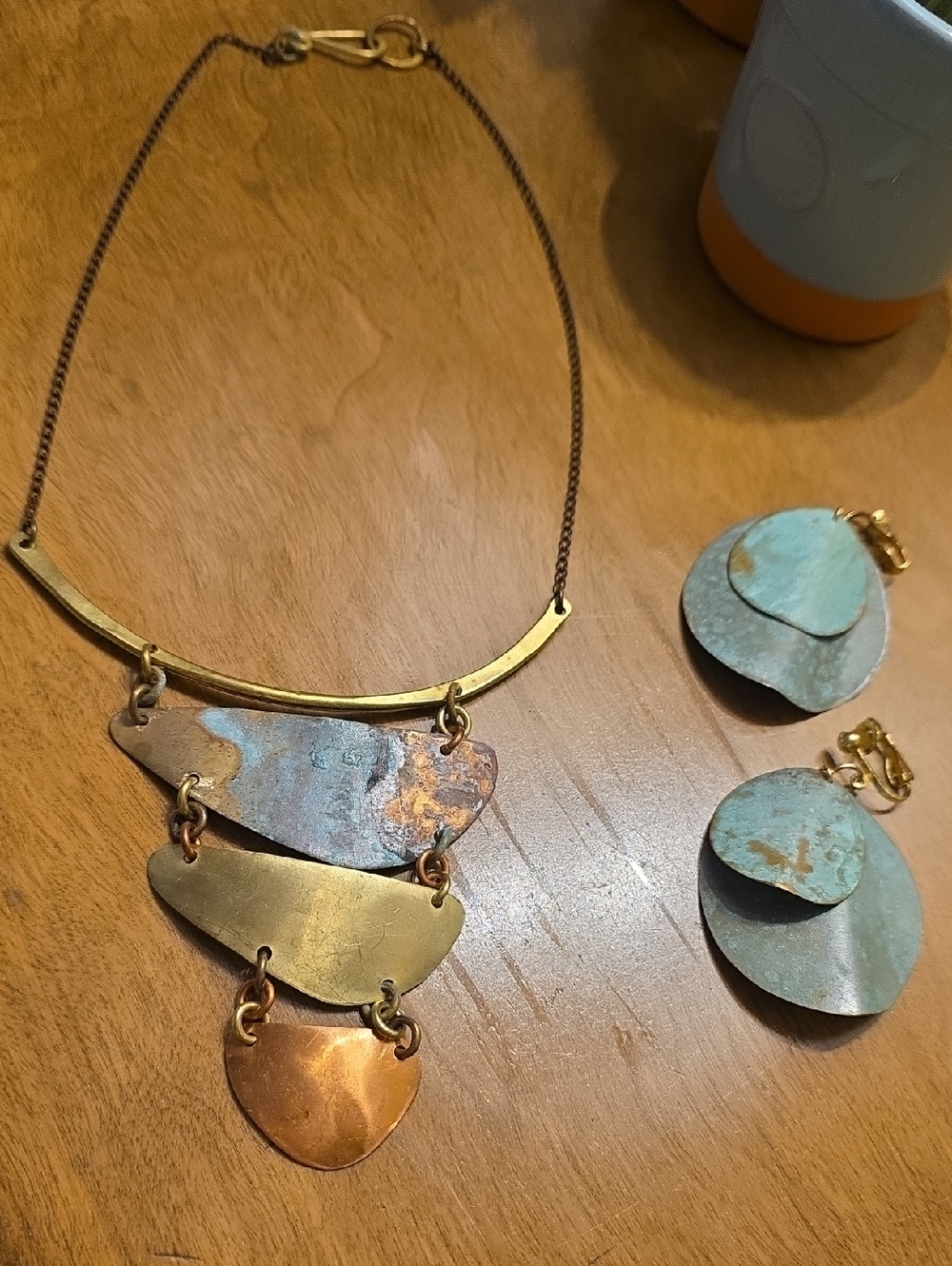 Patina Mixed Metal Statement Necklace & Clip-On Earrings — Turquoise Accent
